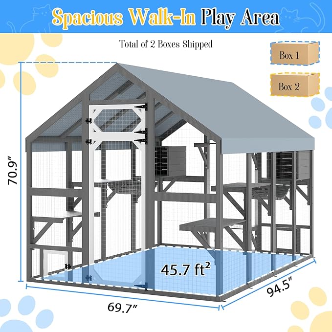 Extra Large Catio Outdoor Cat Enclosure for Multiple Cats, Wooden Walk-in Cat House with 2 Bridges, Window Connection, 2 Resting Boxes, 8 Platforms, Walks and Weatherproof Roof Cover
