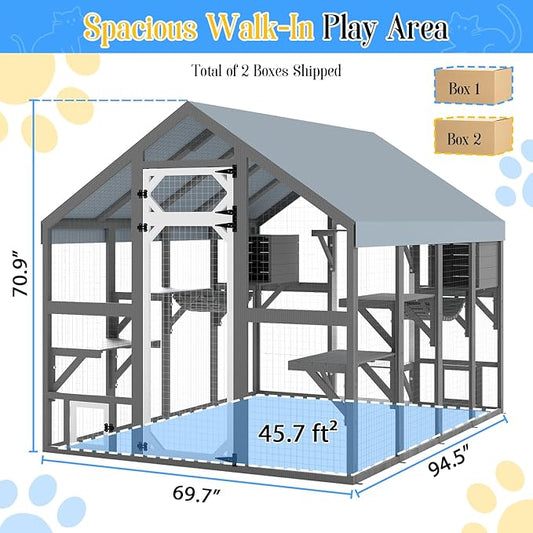 Extra Large Catio Outdoor Cat Enclosure for Multiple Cats, Wooden Walk-in Cat House with 2 Bridges, Window Connection, 2 Resting Boxes, 8 Platforms, Walks and Weatherproof Roof Cover