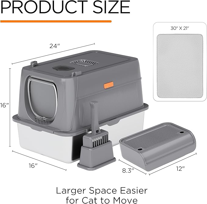 Citylife Stainless Steel Cat Litter Box with Lid,XL Extra Large Enclosed Removable Metal Litter Box with Litter Scoop&Double Layer Litter Mat,Non-Sticky，Non-Odor,Easy Cleaning, for Big Cats Dark Grey