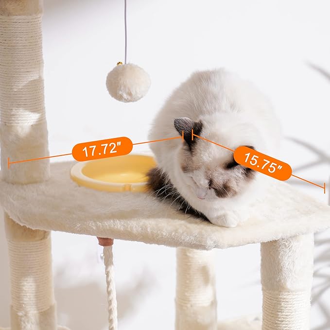 Heybly Cat Tree, Cat Tower for Indoor Cats with Scratching Board, Multi-Level Cat Furniture Condo with Feeding Bowl, Beige HCT010MM