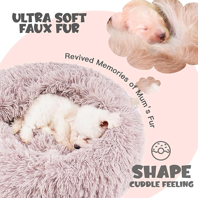 Himax Dog Beds for Small Dogs, Donut Dogs Beds with Blanket Attached, Calming Dog Bed Washable (20"/26"/35") Beige