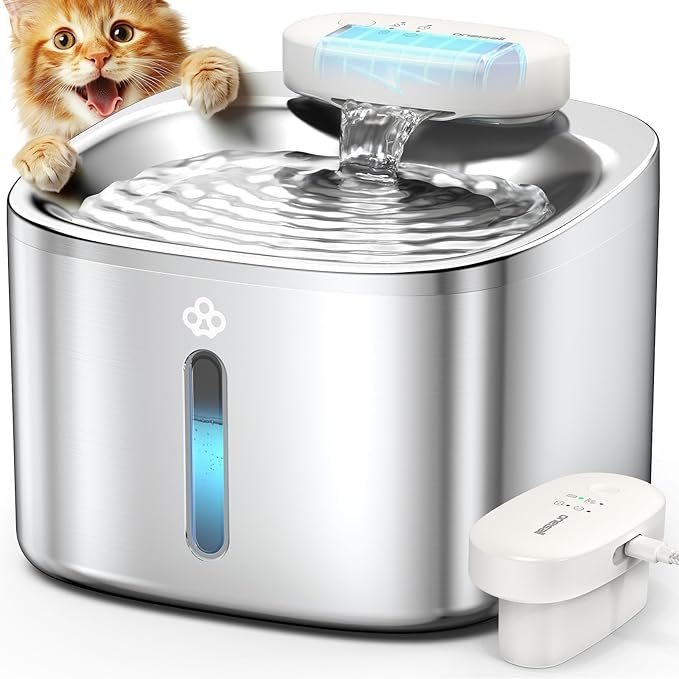 oneisall Wireless Cat Water Fountain, 3.5L/118oz Battery Operated Pet Drinking Fountain Stainless Steel, Running Water Dispenser Fountains for Cats, Cordless&Rechargeable with Motion Sensor(Hale 3.5L)