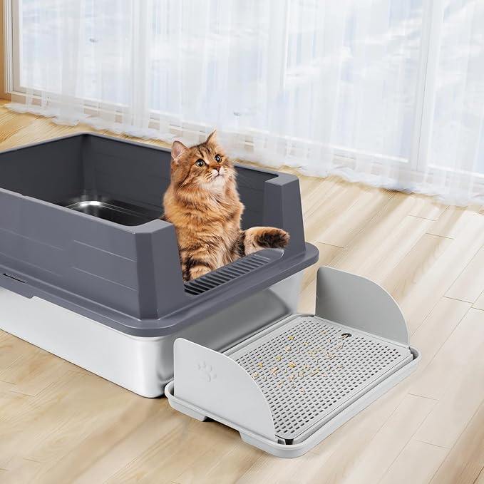 Cat Litter Box Step with Removable Splash-Proof Baffles, Large Pet Ramp for Litter Box with Filter Function Double Layer Cat Pedal Footrest Splash-Proof Easy to Clean (Light Grey)