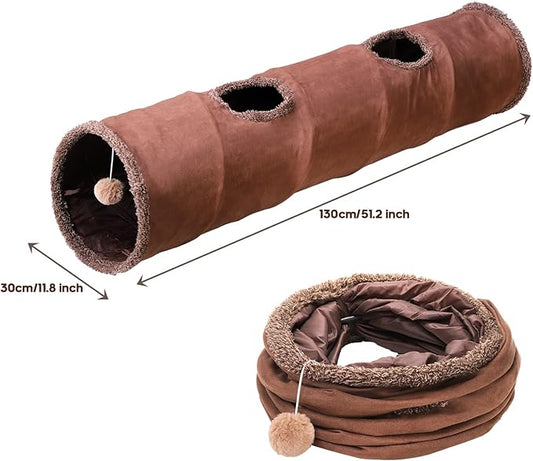 ZENFUN 51"x 12" Collasiple Cat Play Tunnel, Cats Tubes and Tunnels, Cat Foldable Hide and Seek Tunnel Toy, Brown Suede Pet Tube Toy for Rabbits, Ferrets, Puppy, Diameter 12 Inch