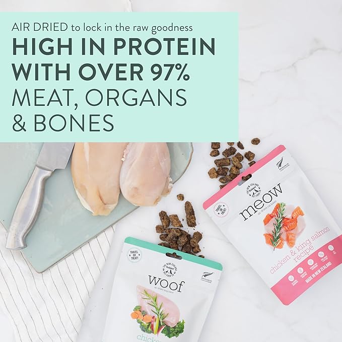 Meow e - Chicken & King Salmon Recipe, Dry Cat Food Use as a Complete Diet, Topper, Mixer, or as Cat Training Treats, All Life Stages, 3.5 oz