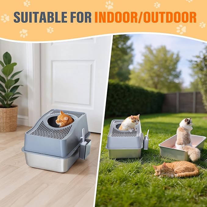 Top Entry Cat Litter Box with Lid, Stainless Steel XXL Enclosed Cat Kitty Litterbox, Extra Large Metal High Side Litter Pan Tray Box Enclosure Easy Cleaning Anti-Leakage