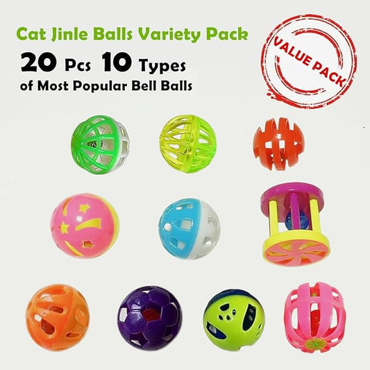 Cat Jingle Balls Toys 20Pcs 10 Styles 1.5" Plastic with Bells - Indoor Kitten Rattle Toy, Gift Box for Safe Play, Training & Interactive Fun