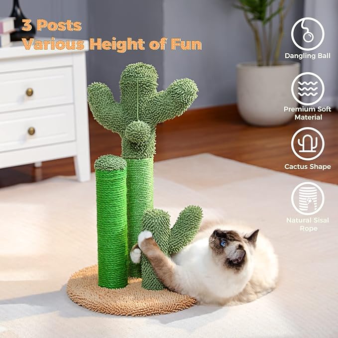PAWZ Road Cat Scratching Post Cactus Cat Scratcher Featuring with 3 Scratching Poles and Interactive Dangling Ball -Medium 23 Inches