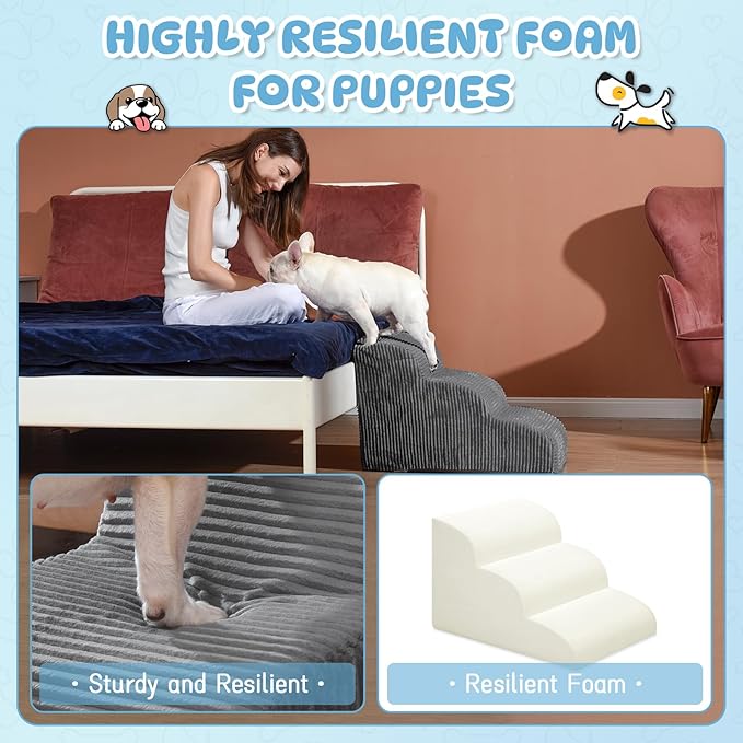 Dog Steps for Small Dog, 3-Step Pet Ramp for High Beds and Sofa, Non-Slip Pet Stairs for Small Dogs and Cats, Removable and Easy to Clean Pet Stairs, Dark Gray