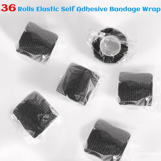 36 Rolls Elastic Self Adhesive Bandage Wrap 2 Inch, Breathable Non Woven Cohesive Bandage, Vet Wrap for Dogs, Ankle Sprains Swelling Medical First Aid Tape, Sports Athletic Tape Black