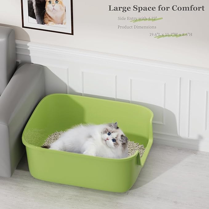 Vealind Large Cat Litter Box High Sided and Side Entry Cat Litter Pan 50 x 40 x 22 CM, Anti-Splashing Deep Tall Cat Boxes for Indoor Cats Basics Kitty Litter Box (Green)
