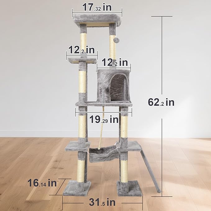 Large Cat Tree,65-inch Tall Multi-Level Cat Tower with Sisal-Covered Scratching Posts, Condo, Hammock, Dangling Ball,Light Grey