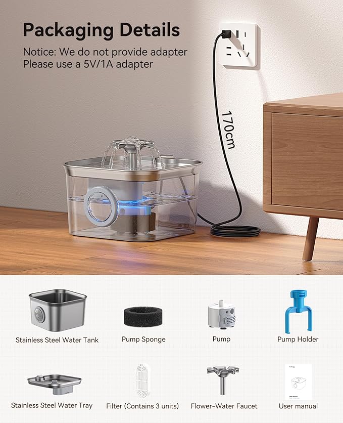 Stainless Steel Cat Water Fountain for Drinking, 99oz/2.8L Auto Pet Drinking Fountain for Cats Indoor with 20dB Ultra-Quiet Pump, 24/7 Circulation Filtration & LED Water Level Window& Dishwasher Safe