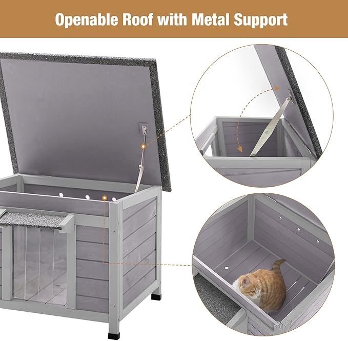 GUTINNEEN Outdoor Cat House Insulated Cat House Weatherproof Feral Cat Shelter with Hinged Asphalt Roof & Covered Opening, PVC Door Curtain, Raised Floor for Cats