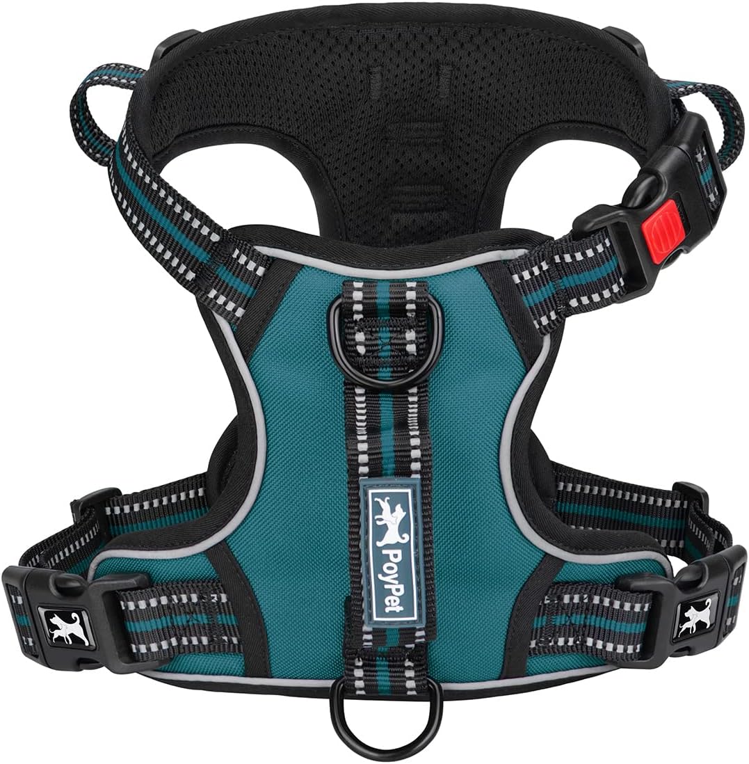 PoyPet No Pull Dog Harness, No Choke Front Clip Reflective Dog Vest with Soft Padded Vertical Handle, 3 Leash Attachments for Small Medium Large Dogs (Tumalo Teal,S)
