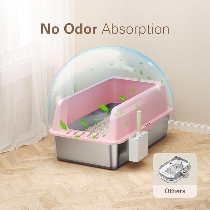 Zarler Stainless Steel Litter Box with Lid, Extra Large Cat Litter Boxes, XL Large Metal Litter Box for Big Cats with High Sided, Pink (Non-Sticky, Easy to Clean, Anti-Urine Leakage)