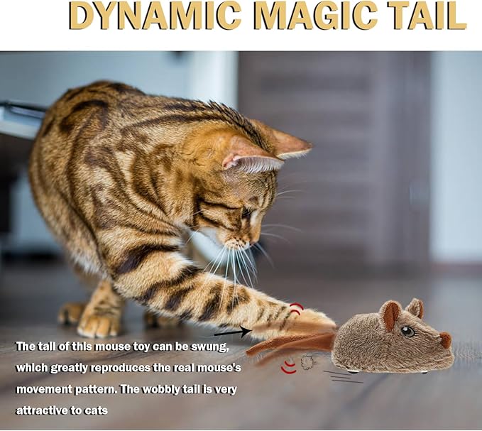 Cat Toys Squeaky Rechargeable Moving Mouse with Dynamic Magic Tail, Automatic Self Play Mouse Interactive Cat Toy for Indoor Cats, Kitten's Electric Multi-Mode Activated Mouse Toy (Brown)
