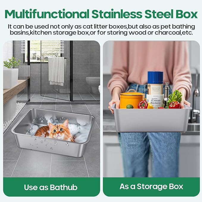 Stainless Steel Cat Litter Box, Metal 6inch High Sided Cat Litter Pan, Indoor Litter Tray, Large Cat Litter Box, Pet Toilet Supplies for Cats, Rabbits, Easy Clean, Non Stick, No Smell (L)