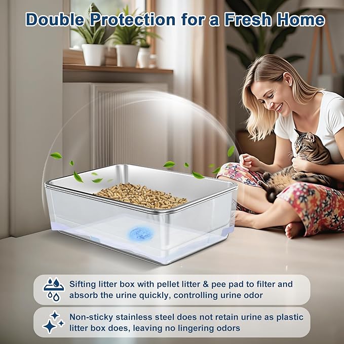 23.6”x15.7”x6” SuzziPaws Stainless Steel Cat Litter Box with Odor Control System, XL Open Top Sifting Litter Box for Big Cats, Includes Pee Pads & Liners, Easy-Clean Metal Litter pan for Pine Pellets