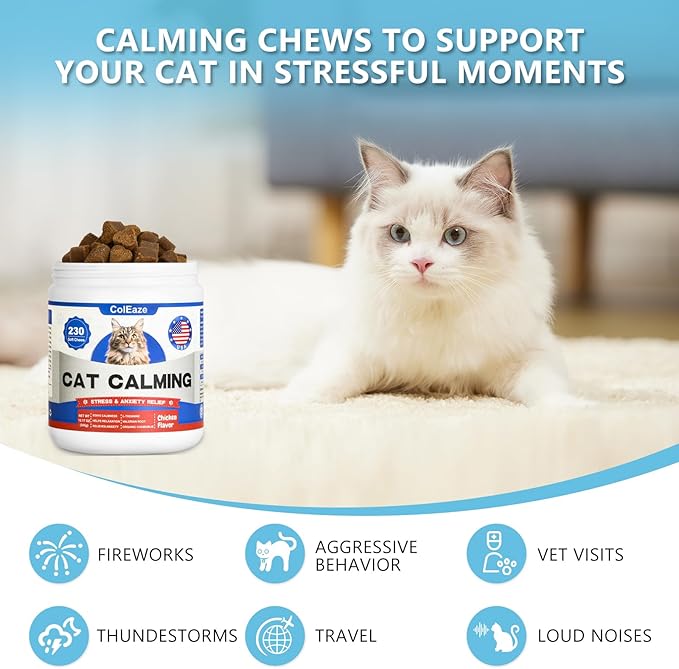 Calming Chews for Cats, Cat Calming Treats - Cat Anxiety Relief, Helps Reduce Stress & Promotes Relaxation for Travel, Boarding, Vet Visits, Separation Anxiety - Chicken (230 Soft Chews)