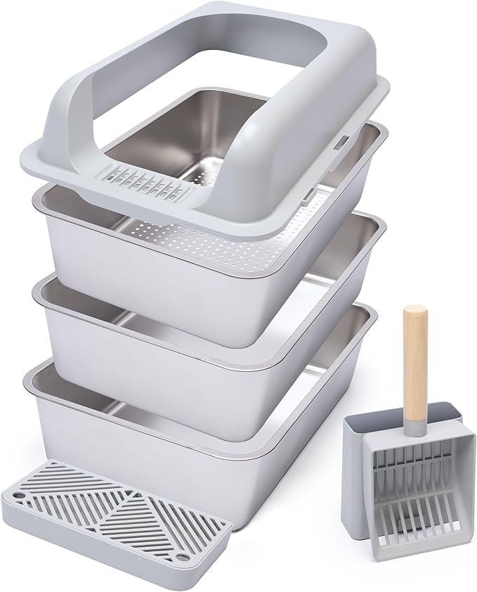 XL Stainless Steel Sifting Litter Box-23"x15"x13" – Cat Litter Box, Multi-Cat, Large Cats, High Side/Anti-Urine Leakage Shell (Easy Shell) Easy to Clean, Odor Control.
