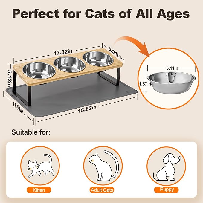 Elevated Cat Food Bowls with Mat Whisker Friendly, 15°Tilted Raised 3 Stainless Steel Cat Water Dishes Set for Anti Vomit, Pet Holder Stand Feeding Station for Indoor Kitten and Puppy