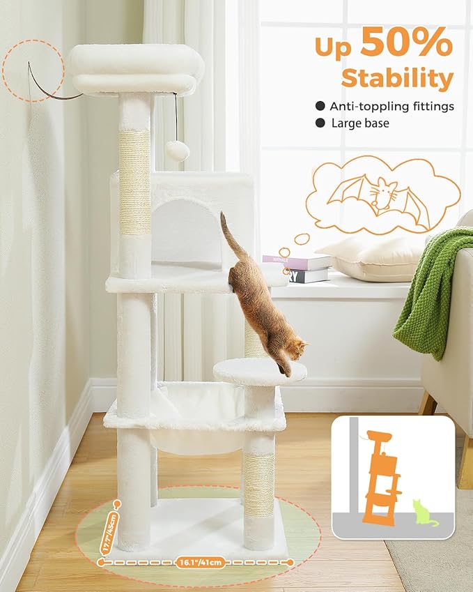 White Cat Tree for Indoor Cats, 45.7" Multi-Level Cat Tower with Large Metal Frame Hammock, Cat Condo with 4 Scratching Posts and Top Perch, White