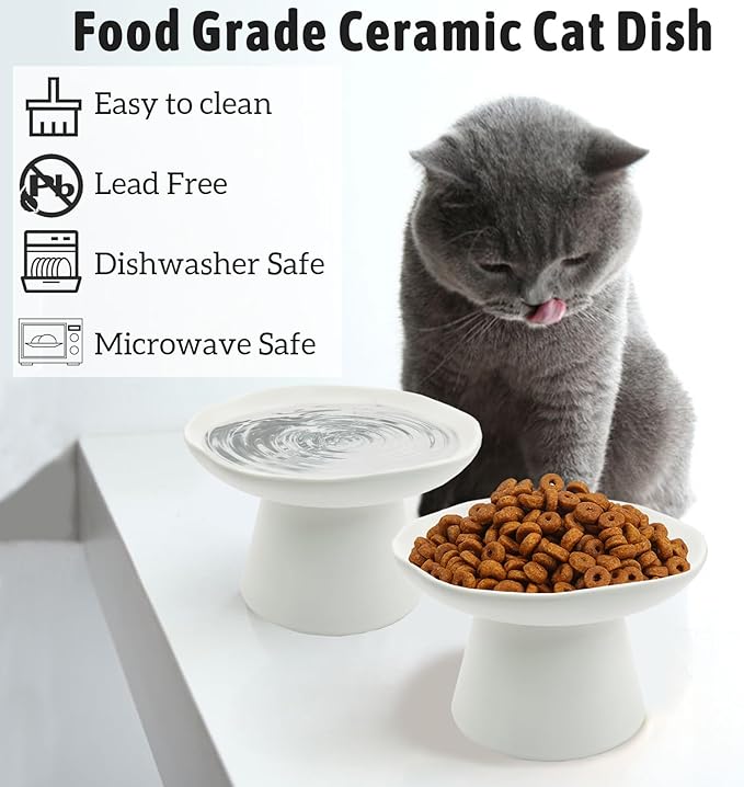 VCEPJH Raised Cat Food Bowls Shallow Cat Plate Pack of 2 Ceramic Elevated Cats Dish 6.1in Flat Anti Whisker Fatigue Wide Pet Food & Water Feeder for Indoor Kitty Kitten (White)