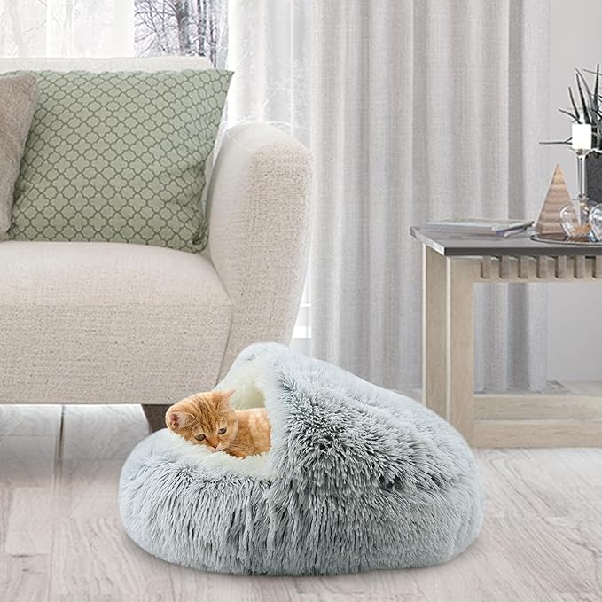 Round Plush Hooded Cat Bed, Fluffy Cozy Anti-Anxiety Dog Cave Beds for Puppy and Kitten, Gifts for Pet Lovers(20×20 inch, Grey)