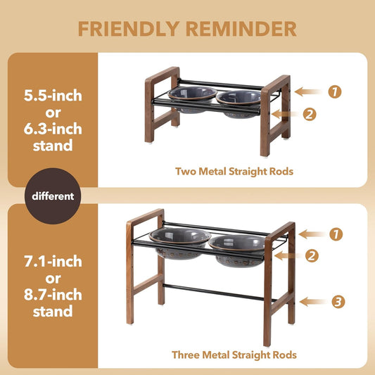 6.3inch Ceramic Adjustable Raised Double Bowls Set with Stand, 3 Heights Elevated, 2 Placement Options,Food and Water Bowls for Adult Cat Small and Medium Dog(Reactived Glaze -Grey)