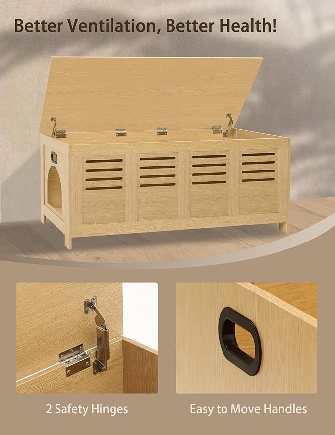 DINZI LVJ Litter Box Enclosure Furniture for 2 Cats, Flip Top Opening Hidden Litter Box with Double Rooms, Dual Pet House with Good Ventilation, 47.2" Wooden Cat Washroom, Easy Assembly, Natural