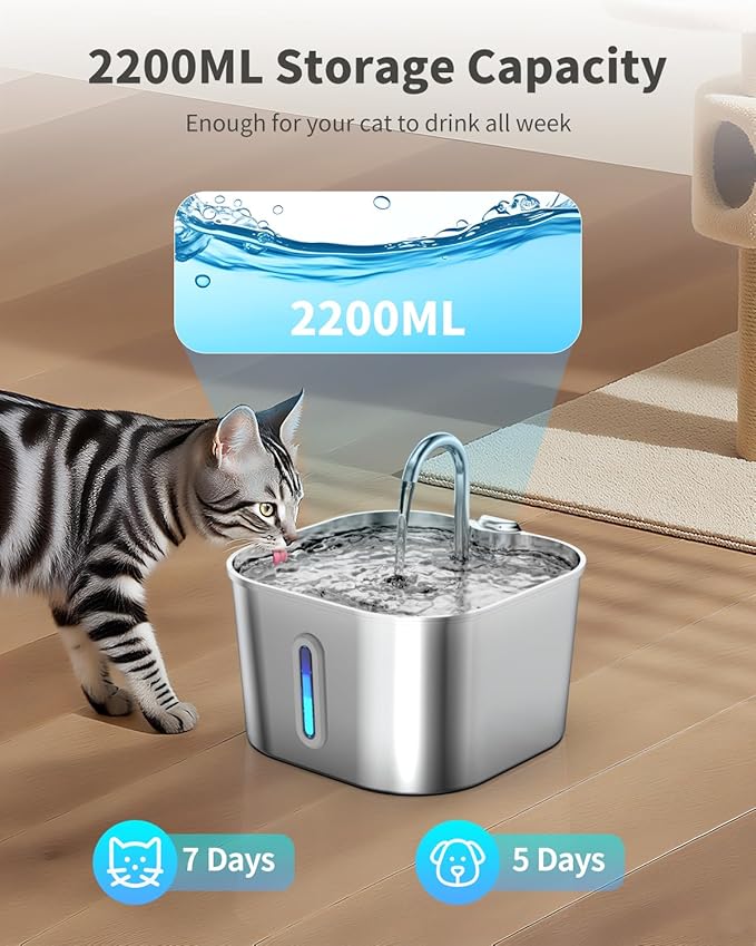 Cat Water Fountain Stainless Steel, 74oz/2.2L Automatic Cat Drinking Fountain, Pet Water Dispenser with Quiet Pump, Suitable for Cats, Dogs and Multi-pet households