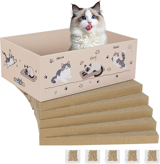 Cat Scratcher Pad with Box 3-Pack/5-Pack, Large & Medium Size – Reversible Corrugated Cardboard with Catnip: Durable Scratching Pads for Kittens & Adult Cats