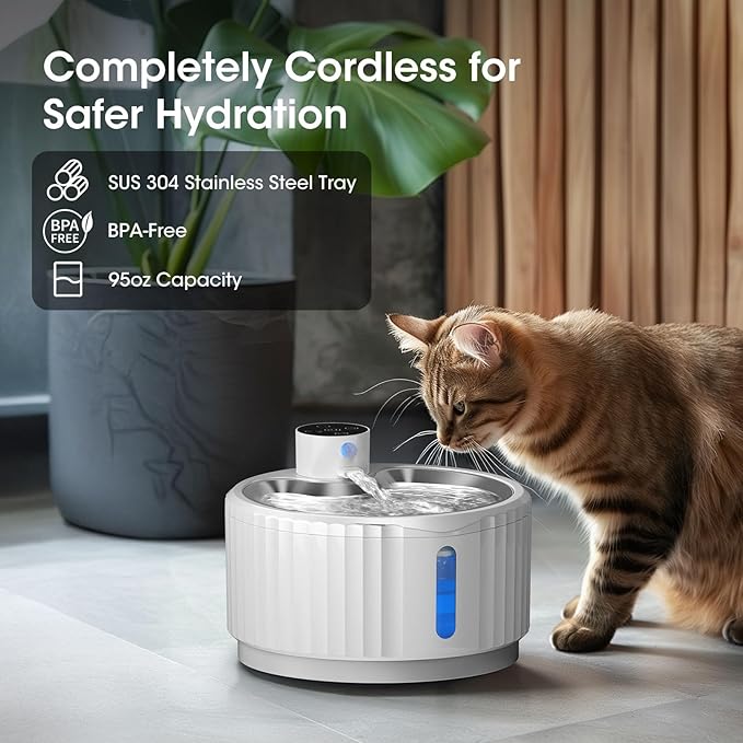 Wireless Cat Water Fountain, 95 oz/2.8 L Battery Operated Pet Water Fountain for Cats Inside, Automatic Dog Water Fountain with Stainless Steel Tray, Motion Sensor, Quiet Pump (White)