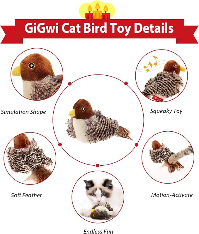 Gigwi Chirping Bird Cat Toy for Indoor Cats, Interactive Hangable Bird Cat Toy with Real Bird Sound and Feather, Automatic Bird Toy for Cats Exercise & Kicker to Self Play（No Flapping）