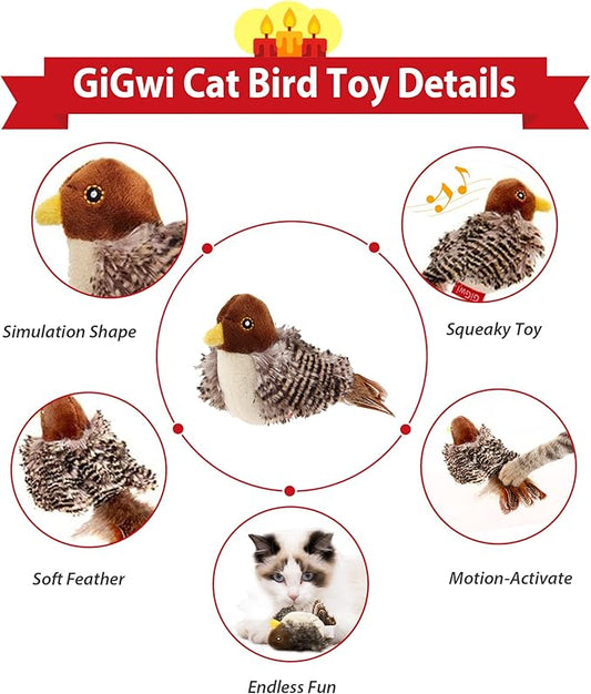 Gigwi Chirping Bird Cat Toy for Indoor Cats, Interactive Hangable Bird Cat Toy with Real Bird Sound and Feather, Automatic Bird Toy for Cats Exercise & Kicker to Self Play（No Flapping）