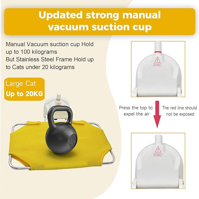 Cats Window Perch with Strong Suction Cup, Large Cat Hammock Bed for Window with 2 Mats, Kitten Hammock with Metal Frame for House Indoor Large Suction Cup with Red Warning Line