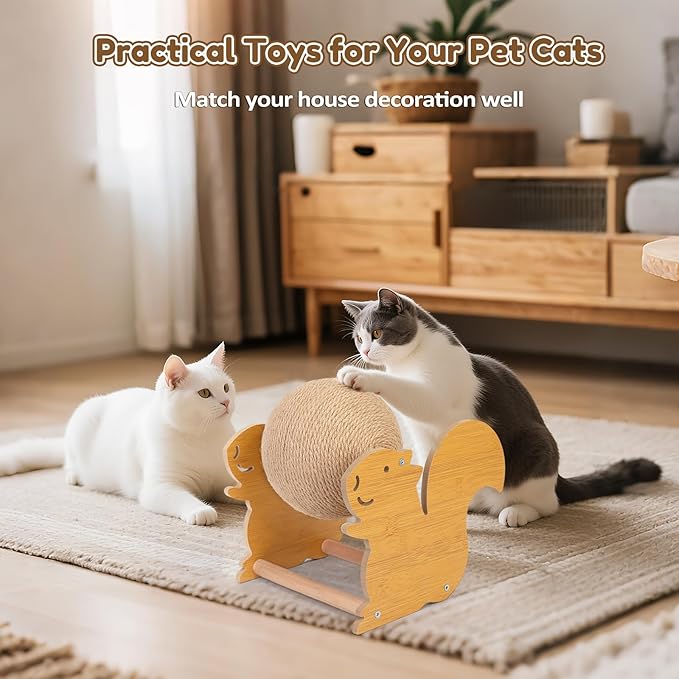 Outamateur Cat Scratching Ball Toy, Sisal Scratching Ball with Cute Stable Stand, Interactive Play and Exercise Toy for Kittens, Cats, Small Pets (Squirrel)