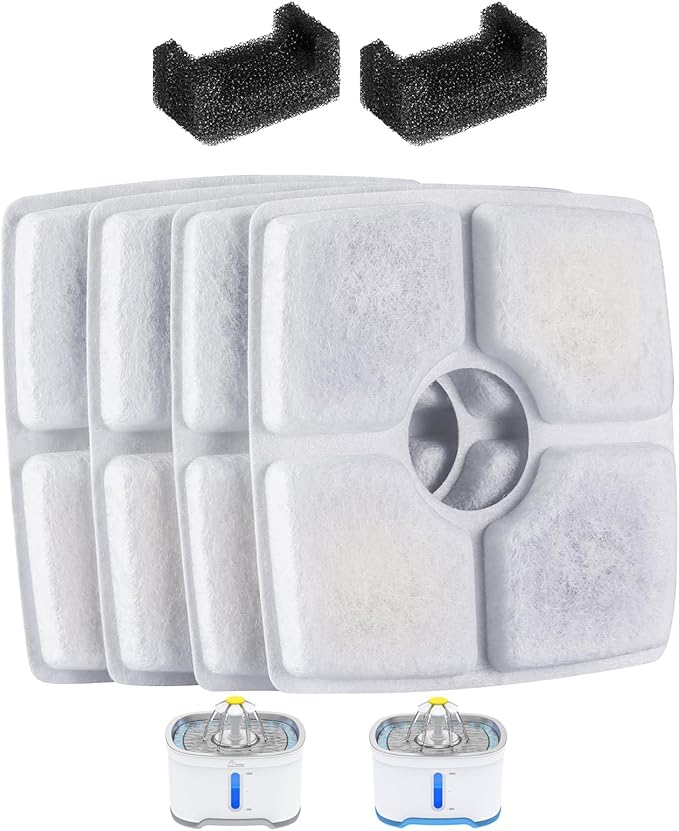 Wonder Creature Cat Fountain Filter for Cubic Cat Water Fountain, 4 Carbon Filters & 2 Pre-Filter Sponges Pack, Elliptical Pet Dispenser Filter