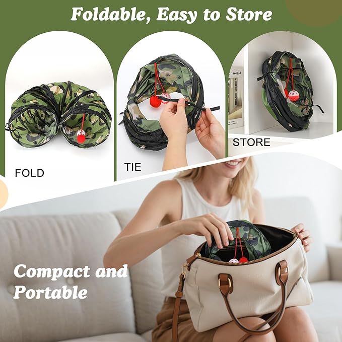 Pawaboo Cat Tunnel, S-Shaped Cat Tube Tunnel 25 * 97cm(9.8''*38.2'') with Balls and Bells, Collapsible Portable Kitten Play Tent Toy Interactive Cats House with Peep Holes for Kitty, Leopard Print