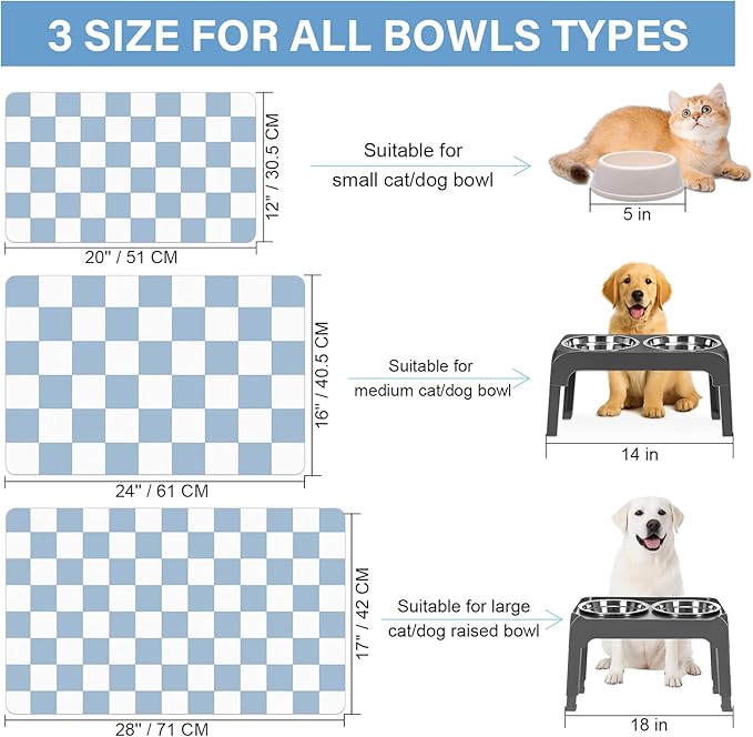 Cat Food Mat - 12"x 20" Cat Dog Mats for Food and Water Bowl, Checkered Pet Placemat Feeding Mat, Non-Slip Under Pet Bowls Mats for Messy Drinkers, Blue & White