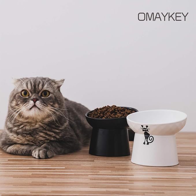 OMAYKEY Ceramic Raised Cat Bowls, Tilted Elevated Cat Food and Water Bowl Set, Porcelain Stress Free Pet Feeder Dish for Cats and Small Dogs, Dishwasher and Microwave Safe - Set of 2, White & Black