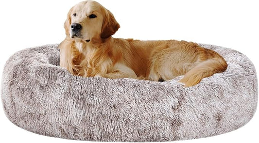 Coohom Oval Calming Donut Cuddler Dog Bed,Shag Faux Fur Cat Bed Washable Round Pillow Pet Bed(30"/36"/43") for Small Medium Dogs (XXL(43"x34"x8"), Light Brown)