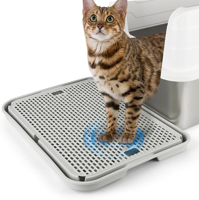 Litter Box Step, Cat Step/Ramp/Catcher with Filter Function, Easy to Clean, Ideal for Kitten & Elderly Cats (Light Grey)