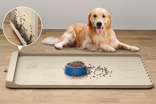 Silicone Dog Feeding Mat - 36" x 24" Large Pet Mat with Residue Collection Pocket and High Edges - Waterproof Mat for Dog and Cat Bowls