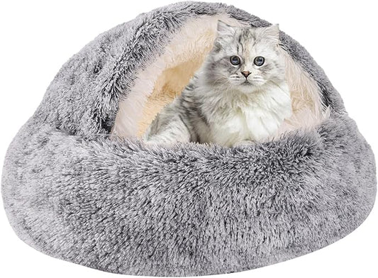 Round Hooded Cat Bed & Dog Bed with Cover Cave, Dog Bed for Small Dogs, Faux Fur Cuddler Round Coved Cat Bed Self Warming Donut Dog Bed Fits up to 12 lbs Pets (Gray, 20inch x 20inch)