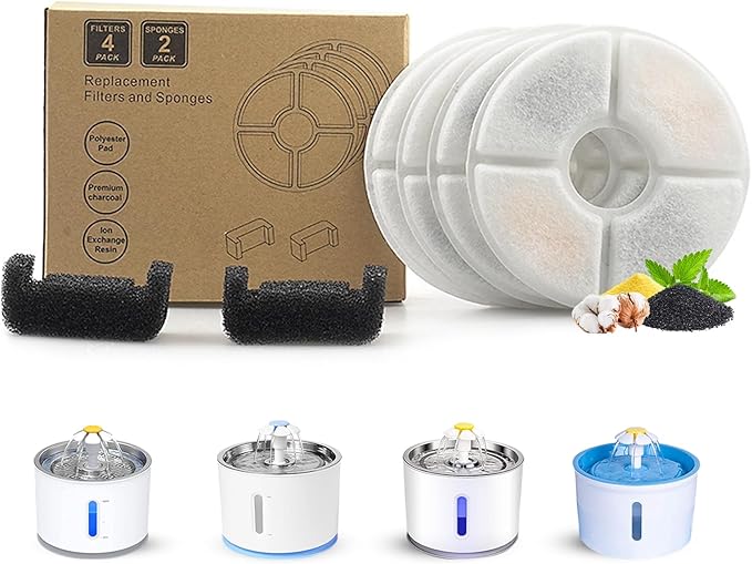 Cat Water Fountain Filter,Cat Fountain Filters Replacement Filters for 81oz/2.4L Automatic Pet Water Fountain Dispenser (Round 4+2 Pack)