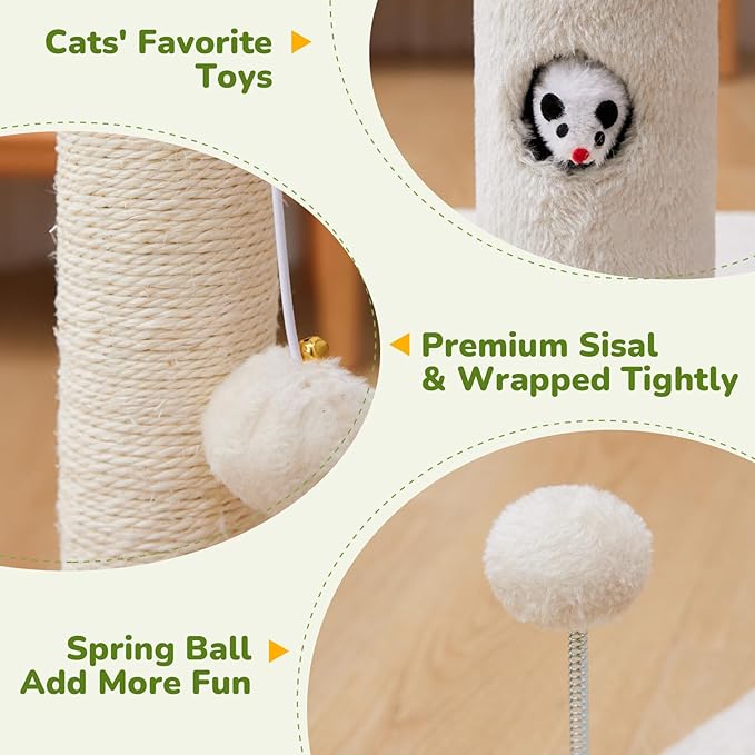 Cat Scratching Posts 33" for Adults Cats, Cat Scratcher with Soft Fabric Covering Base and Durable Sisal Rope, Scratcher with Fun Mouse Hole and Cat Toy for Tall Cats (White)