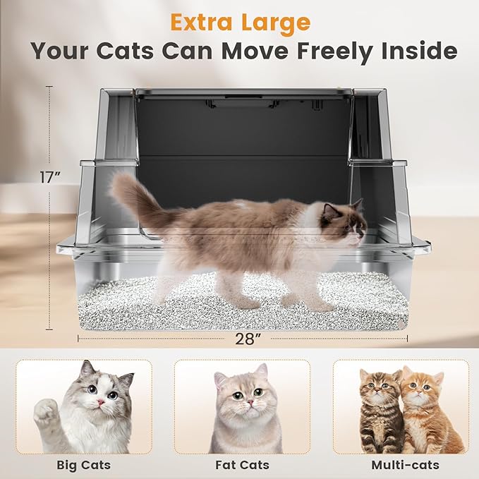Enclosed Stainless Steel Litter Box XXXL, Extra Large 28" L x 20" W Metal Litter Box Enclosure with Cover and Foot Pedal and Scoop for Big Cats & Multiple Cats with High Sided, Easy Cleaning