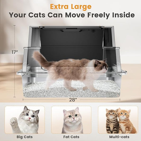 Enclosed Stainless Steel Litter Box XXXL, Extra Large 28" L x 20" W Metal Litter Box Enclosure with Cover and Foot Pedal and Scoop for Big Cats & Multiple Cats with High Sided, Easy Cleaning